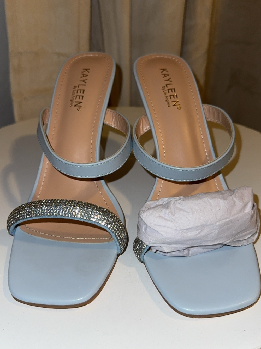 Kayleen by Los Angeles Dolly, Light Blue Rhinestone Strap Women’s Sandals